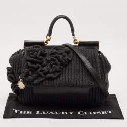 Dolce & Gabbana Black/Grey Wool and Leather Large Miss Sicily Top Handle Bag