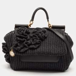 Dolce & Gabbana Black/Grey Wool and Leather Large Miss Sicily Top Handle Bag