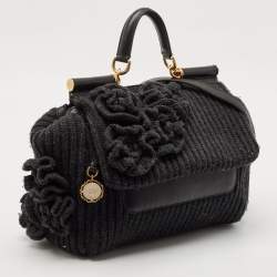 Dolce & Gabbana Black/Grey Wool and Leather Large Miss Sicily Top Handle Bag