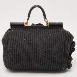 Dolce & Gabbana Black/Grey Wool and Leather Large Miss Sicily Top Handle Bag