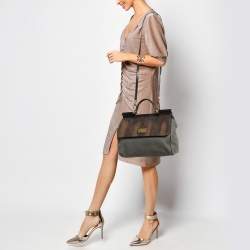 Dolce & Gabbana Tricolor Ostrich Leg Leather and Canvas Large Miss Sicily Top Handle Bag