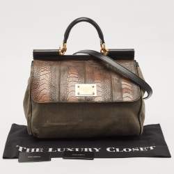 Dolce & Gabbana Tricolor Ostrich Leg Leather and Canvas Large Miss Sicily Top Handle Bag