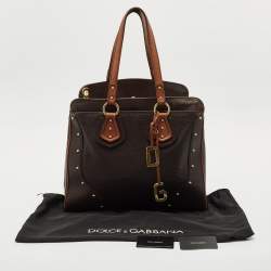 Dolce & Gabbana Two Tone Brown Pebbled Leather Charm Tote