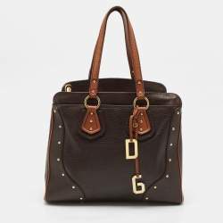 Dolce & Gabbana Two Tone Brown Pebbled Leather Charm Tote