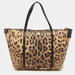 Dolce & Gabbana Black/Brown Leopard Print Coated Canvas Miss Escape Zip Tote
