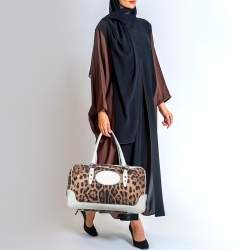 Dolce & Gabbana White/Brown Leopard Print Fabric and Leather Satchel
