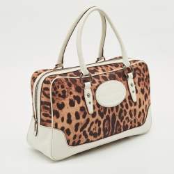 Dolce & Gabbana White/Brown Leopard Print Fabric and Leather Satchel