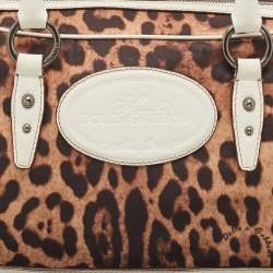Dolce & Gabbana White/Brown Leopard Print Fabric and Leather Satchel