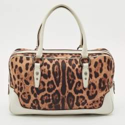 Dolce & Gabbana White/Brown Leopard Print Fabric and Leather Satchel