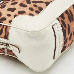 Dolce & Gabbana White/Brown Leopard Print Fabric and Leather Satchel