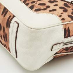 Dolce & Gabbana White/Brown Leopard Print Fabric and Leather Satchel