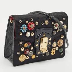 Pre Owned Dolce & Gabbana Black Jacquard Fabric and Snakeskin Embellished Lucia Shoulder Bag