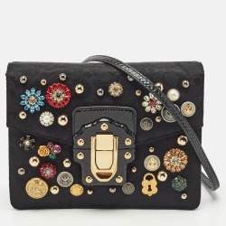 Pre Owned Dolce & Gabbana Black Jacquard Fabric and Snakeskin Embellished Lucia Shoulder Bag