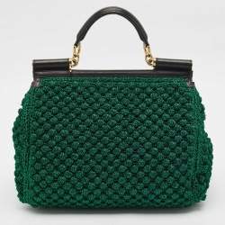 Dolce & Gabbana Metallic Green Crochet Lurex Fabric Large Miss Sicily Top Handle Bag
