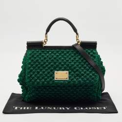 Dolce & Gabbana Metallic Green Crochet Lurex Fabric Large Miss Sicily Top Handle Bag