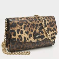 مملوكة مسبقًا Dolce & Gabbana Brown Leopard Print Coated Canvas Dauphine Wallet On Chain