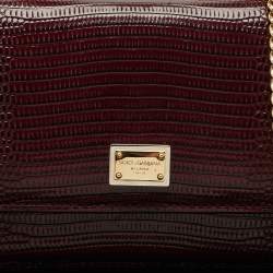 Pre Owned Dolce & Gabbana Dark Burgundy Lizard Embossed Leather Sicily Wallet on Chain