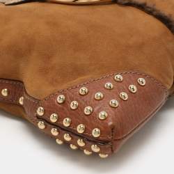 Dolce & Gabbana Brown Nubuck Leather and Snakeskin Studded Shoulder Bag