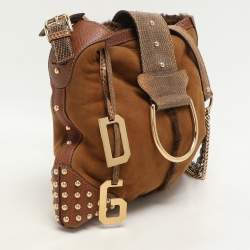 Dolce & Gabbana Brown Nubuck Leather and Snakeskin Studded Shoulder Bag