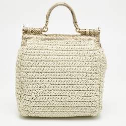 Dolce & Gabbana Beige/Off White Raffia and Python Miss Sicily Top Handle Bag