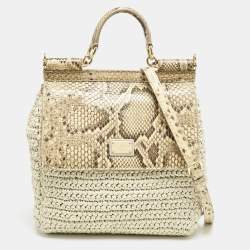 Dolce & Gabbana Beige/Off White Raffia and Python Miss Sicily Top Handle Bag