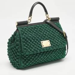 Dolce & Gabbana Green/Black Crochet Lurex Fabric Large Miss Sicily Top Handle Bag