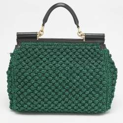 Dolce & Gabbana Green/Black Crochet Lurex Fabric Large Miss Sicily Top Handle Bag