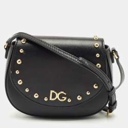 Dolce & Gabbana Bambino Black Leather Logo Studded Flap Crossbody Bag