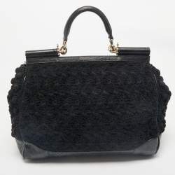 Dolce & Gabbana Black Crochet and Snakeskin Large Miss Sicily Top Handle Bag