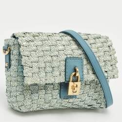 Dolce & Gabbana Blue Woven Raffia and Leather Padlock Shoulder Bag
