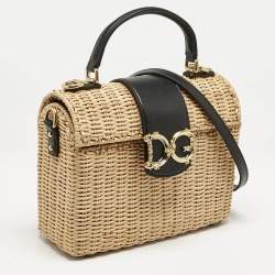 Dolce & Gabbana Black/Beige Woven Rattan and Leather DG Flap Top Handle Bag