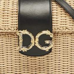 Dolce & Gabbana Black/Beige Woven Rattan and Leather DG Flap Top Handle Bag