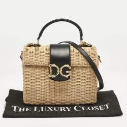 Dolce & Gabbana Black/Beige Woven Rattan and Leather DG Flap Top Handle Bag