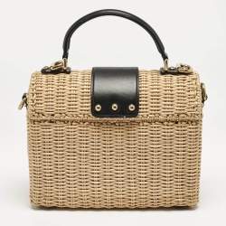 Dolce & Gabbana Black/Beige Woven Rattan and Leather DG Flap Top Handle Bag