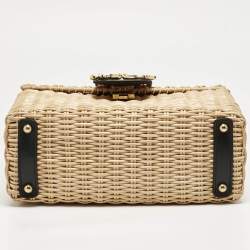 Dolce & Gabbana Black/Beige Woven Rattan and Leather DG Flap Top Handle Bag