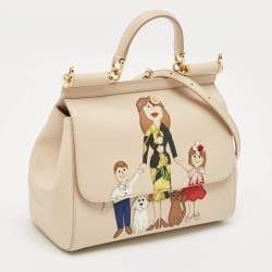 Dolce & Gabbana Cream Leather Medium Miss Sicily Family Patch Top Handle Bag