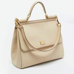 Pre Owned Dolce & Gabbana Beige Leather Large Miss Sicily Top Handle Bag
