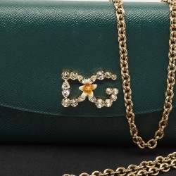 Dolce & Gabbana Dark Green Leather DG Logo Crystals Wallet on Chain