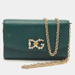Dolce & Gabbana Dark Green Leather DG Logo Crystals Wallet on Chain