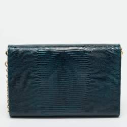 Dolce & Gabbana Dark Blue Lizard Embossed Leather DG Millennials Crystals Wallet on Chain