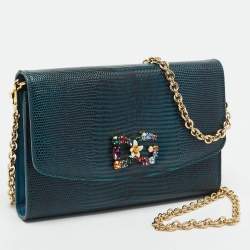 Dolce & Gabbana Dark Blue Lizard Embossed Leather DG Millennials Crystals Wallet on Chain