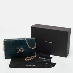 Dolce & Gabbana Dark Blue Lizard Embossed Leather DG Millennials Crystals Wallet on Chain