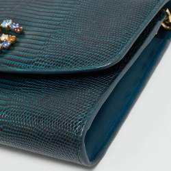 Dolce & Gabbana Dark Blue Lizard Embossed Leather DG Millennials Crystals Wallet on Chain