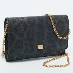 Dolce & Gabbana Black/Grey Leopard Print Coated Canvas Nina Chain Clutch