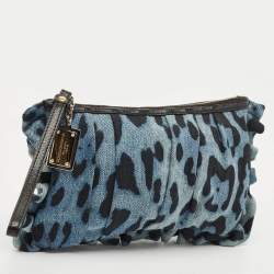 Pre Owned Dolce & Gabbana Blue Leopard Print Denim Ruffle Zip Pouch