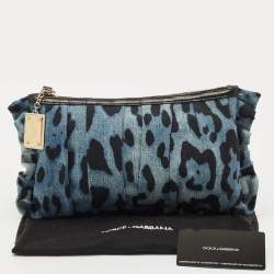 Pre Owned Dolce & Gabbana Blue Leopard Print Denim Ruffle Zip Pouch