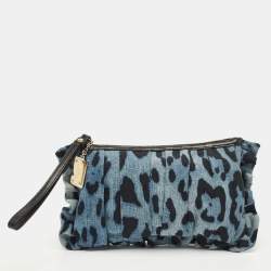 Pre Owned Dolce & Gabbana Blue Leopard Print Denim Ruffle Zip Pouch