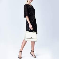 Pre Owned Dolce & Gabbana White Leather Medium Miss Sicily Top Handle Bag