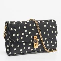 Pre Owned Dolce & Gabbana Black/White Polka Dot Leather Padlock Chain Clutch