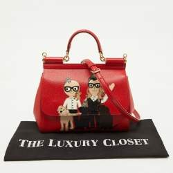 Pre Owned Dolce & Gabbana Red Leather Medium Miss Sicily Family Patchwork Top Handle Bag